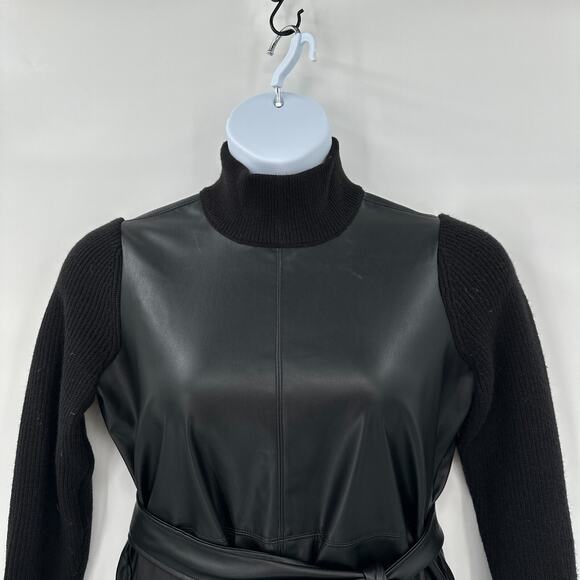Ann Taylor Petite Faux Leather Knit Dress Medium Mob Wife Turtleneck Belt New - Picture 3 of 10